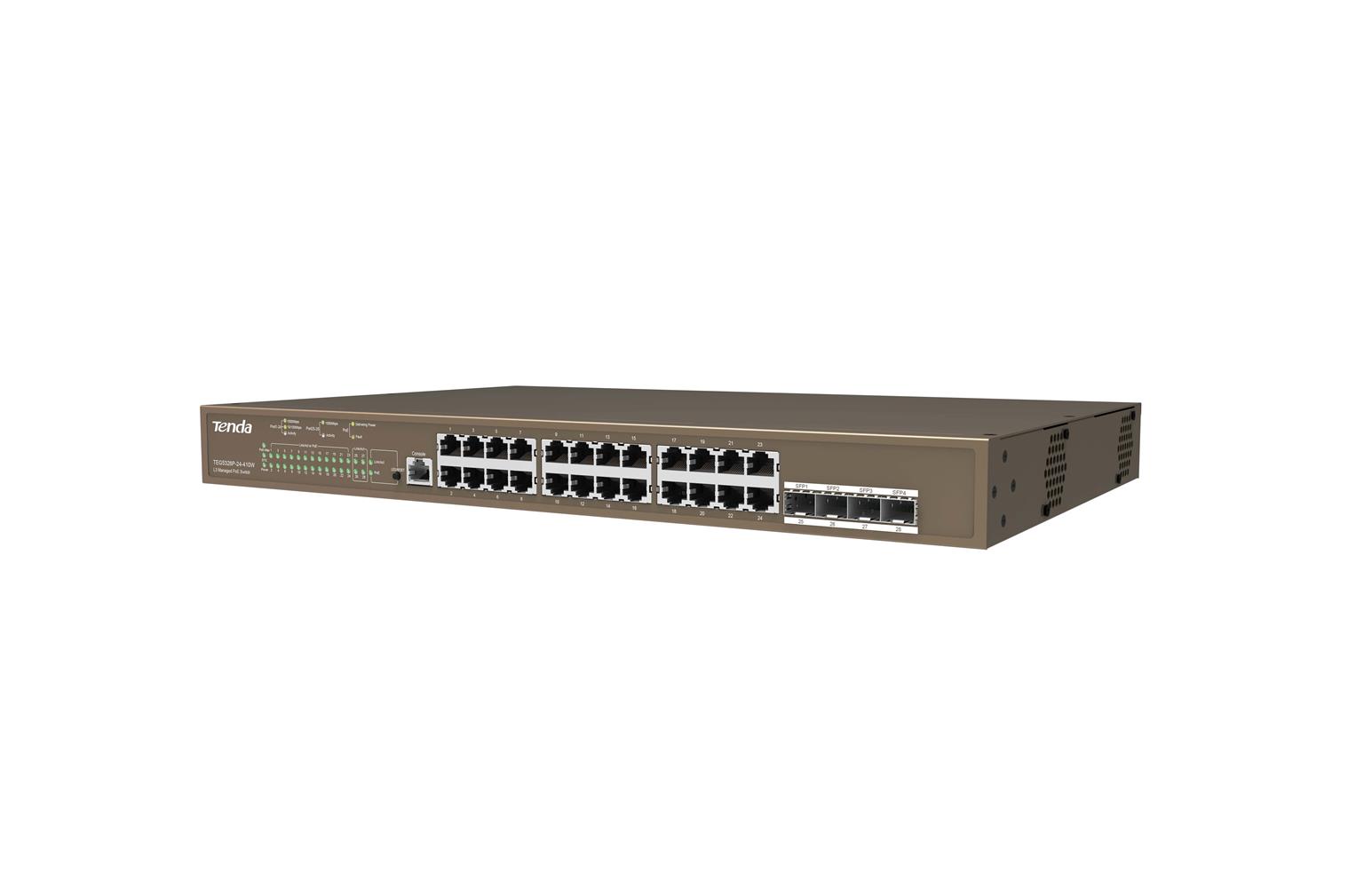 Tenda TEG5328P-24-410W 24 Port Poe+ 10-100-1000 Switch 4 Port SFP L3 Çelik Kasa Rack Mount