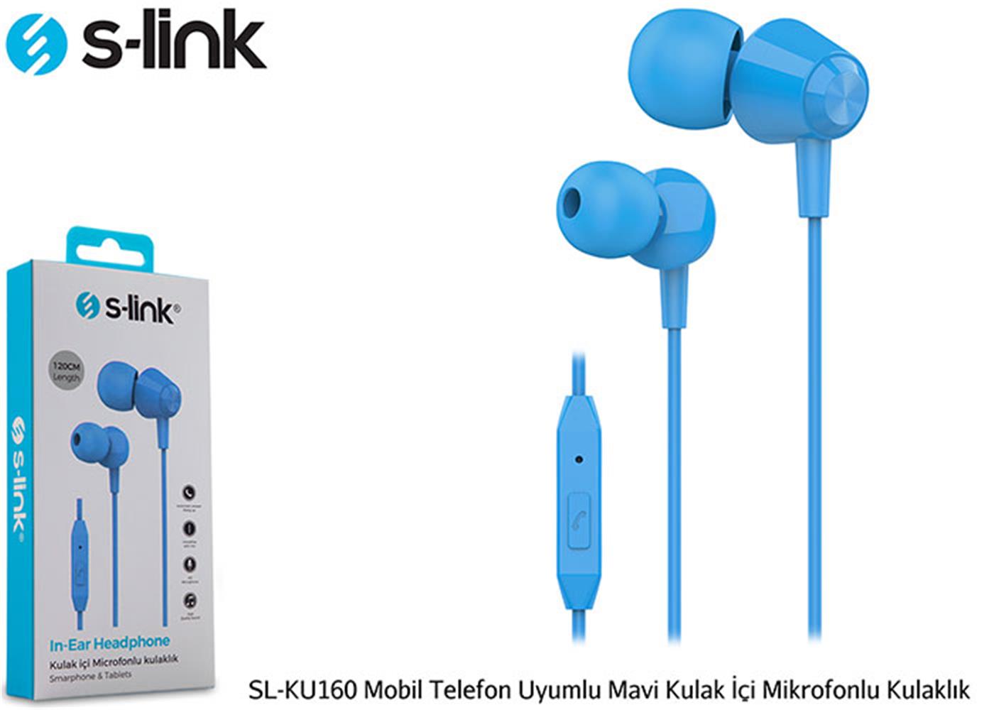 S-link SL-KU160 Mobil Telefon Uyumlu Mavi Kulak İçi Mikrofonlu Kulaklık
