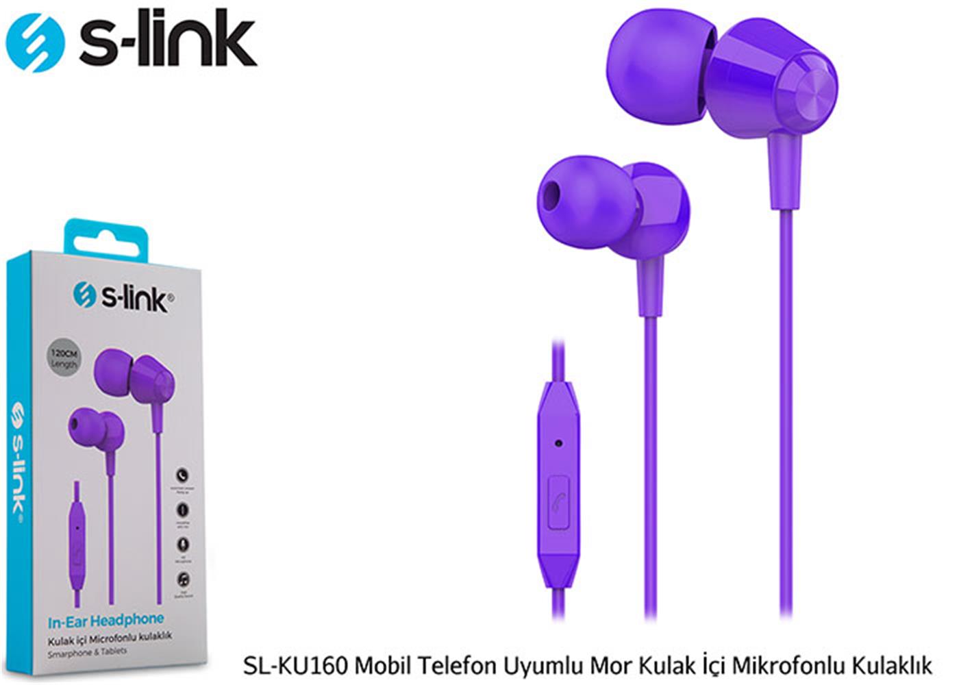 S-link SL-KU160 Mobil Telefon Uyumlu Mor Kulak İçi Mikrofonlu Kulaklık
