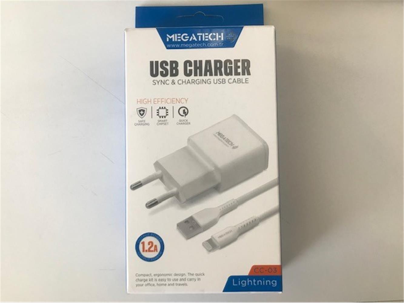 Megatech CC-03 1.2A Lightning Usb Kablo + Ev Şarj Adaptörü 