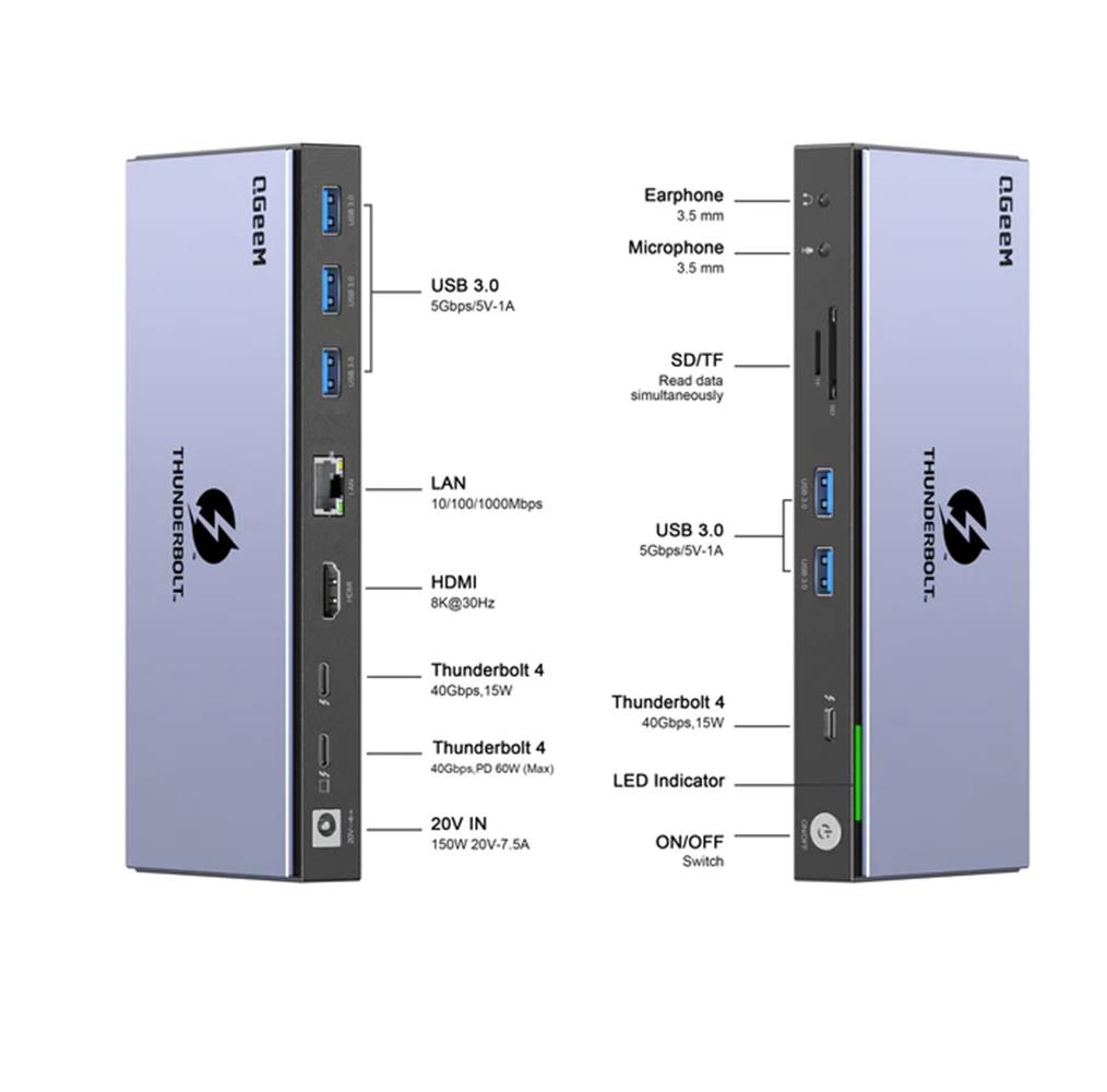 Qgeem QG-T4801 Thunderbolt 15in1 Type-C Eth 1000Mbps-HDMI 8K 30Hz- TF-SD-USB 3.0 5Gbps- Çoklayıcı