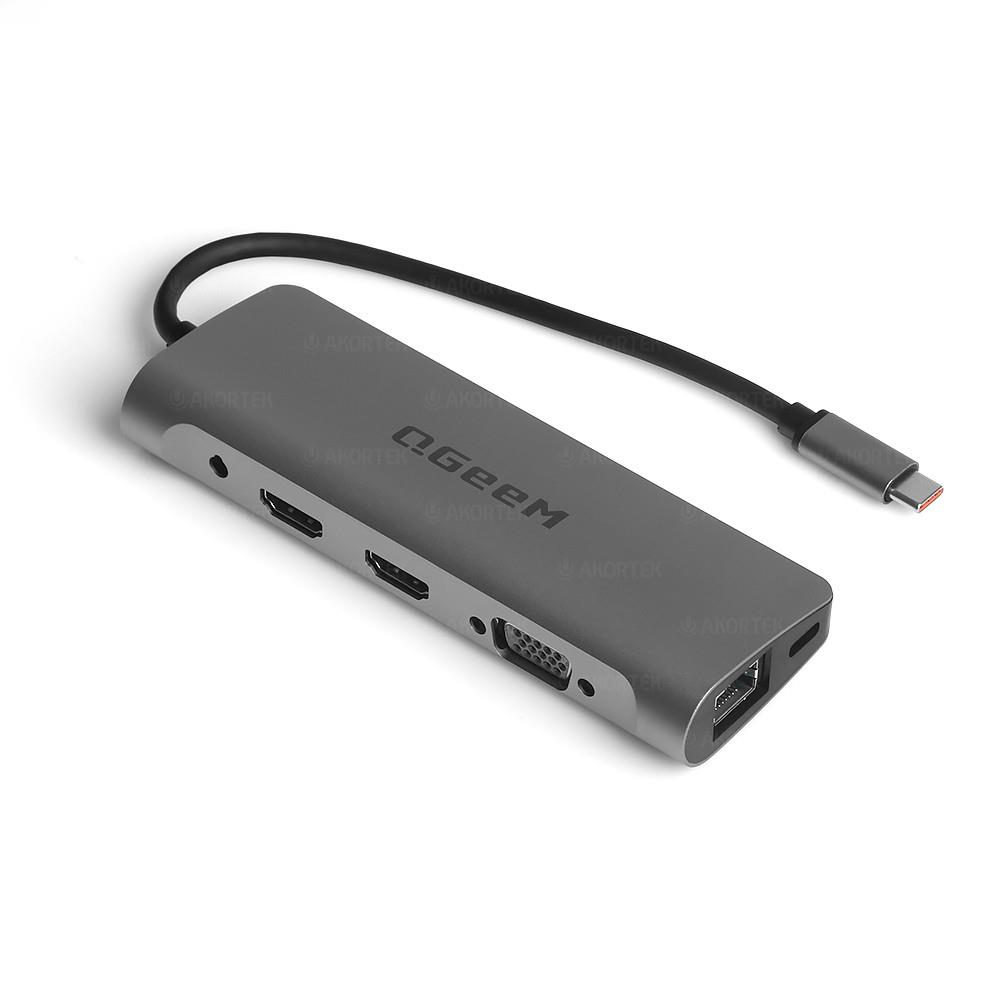 Qgeem QG-UH10 USB 3.0 TypeC 10in1 2xHDMI-VGA-TF SD Kart Okuyucu-USB 3.0-USB 2.0-PD+SD-Ethe  HUB