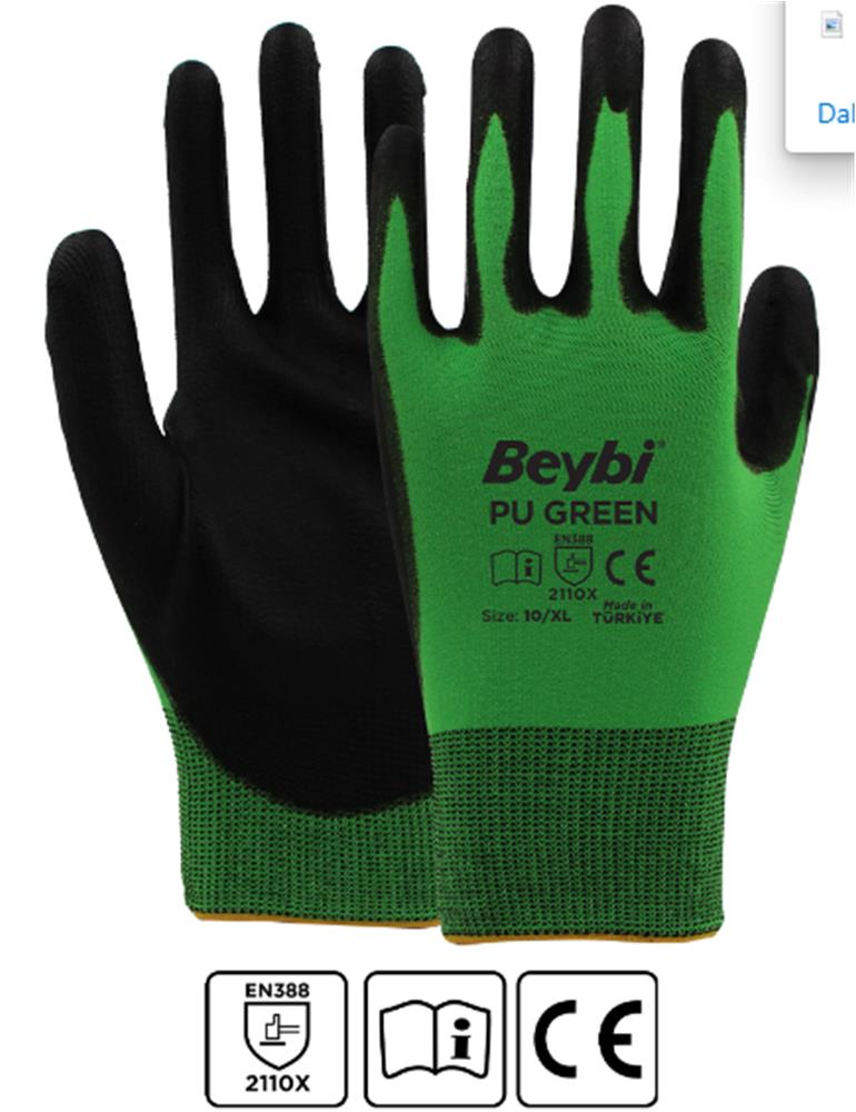 Beybi PU Green 10Beden 12li Paket Poliüretan Kaplı Polyester Örme Ediven(2110X)