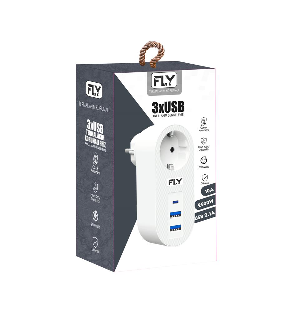 FLY-3400-01 Akım Korumalı.1 li Priz 2-Usba 1-C Soket 2.1A 10A 2500W