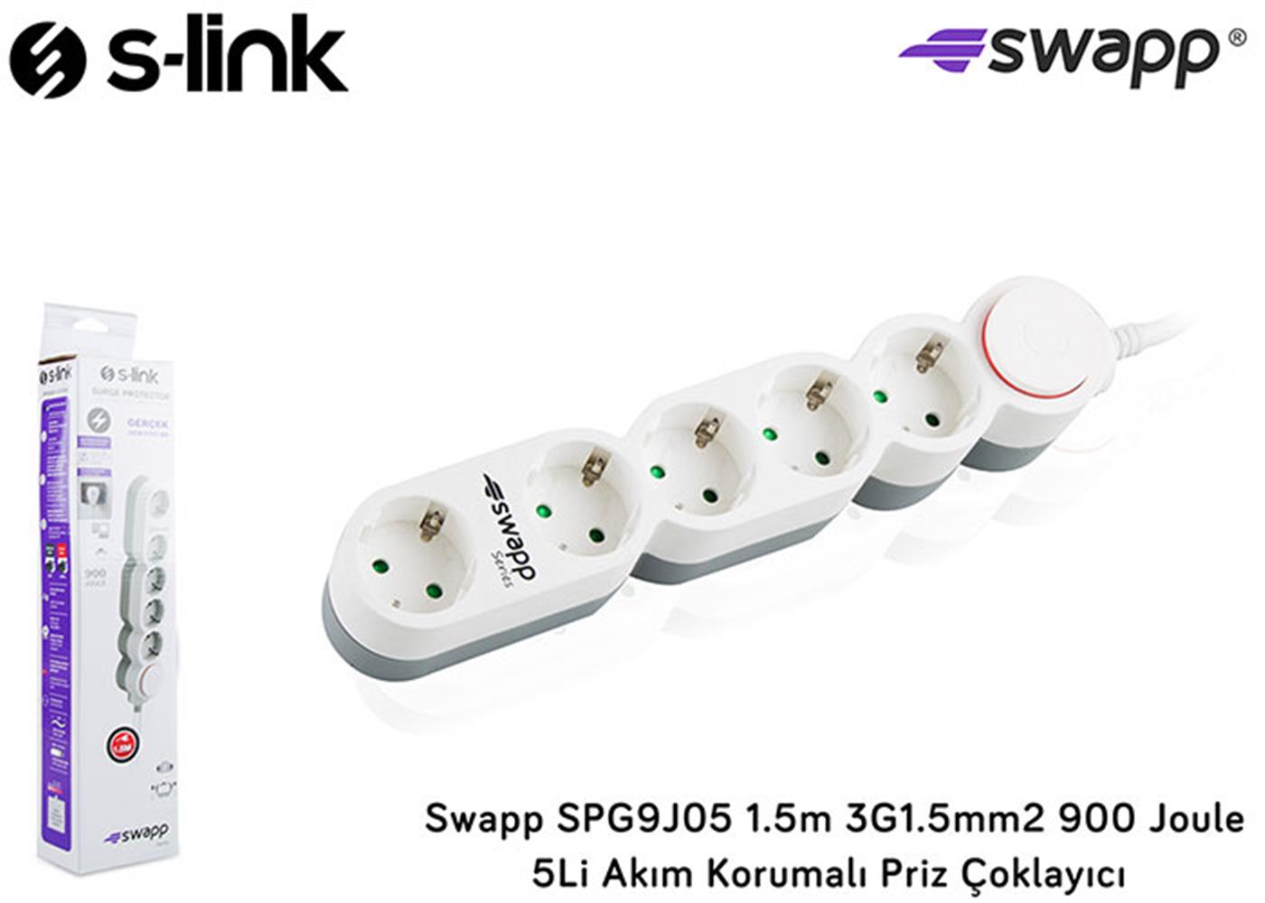 S-link Swapp SPG9J05 1.5m 3G1.5mm2 900 Joule 5Li Akım Kor. Priz Çoklayıcı