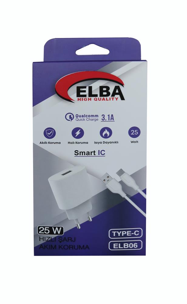 Elba ELB06-USB-25WTypc  Beyaz Usb 25W Şarj Kafa +1Mt Usb Type-c Kablo QC4.0 (Akım Koruma-Hızlı Şarj)