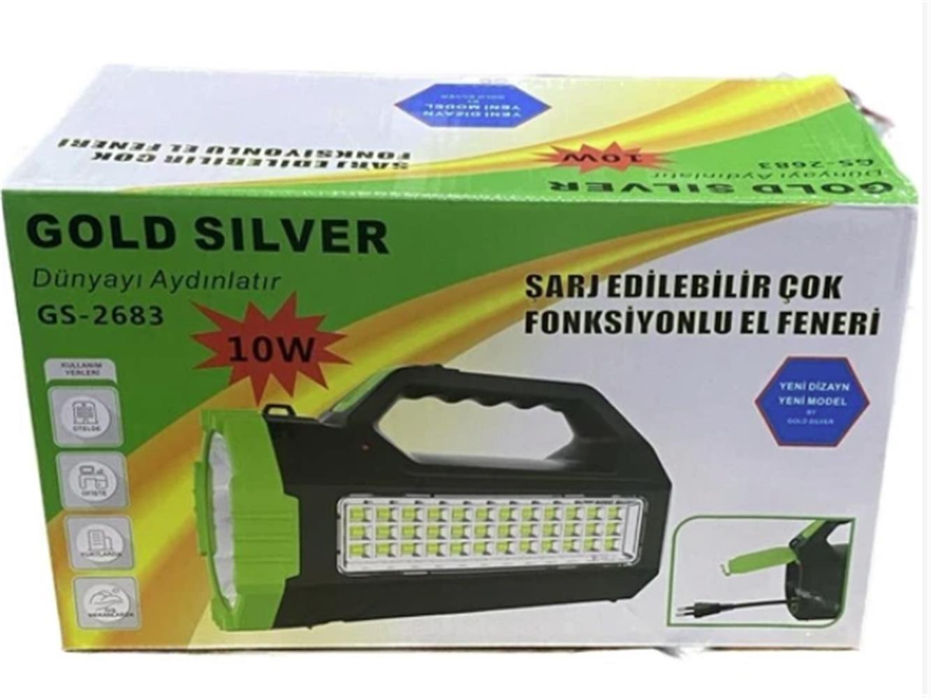 Gold Silver GS-2683 10W Led Şarj Edilebilir Çok Fonksiyonlu El Feneri 