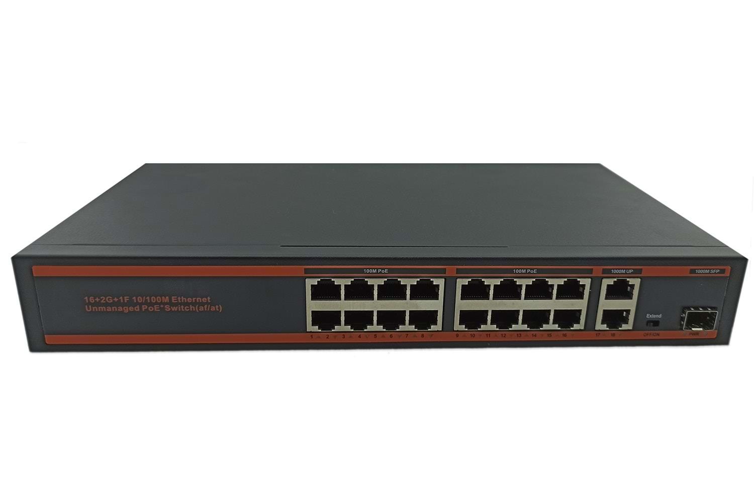 Nova ND1PD1621LG 16 Port Poe+ 10-100 Mbps 2 Port 10-100-1000 Mbps Uplink  1 Port SFP Switch 250W