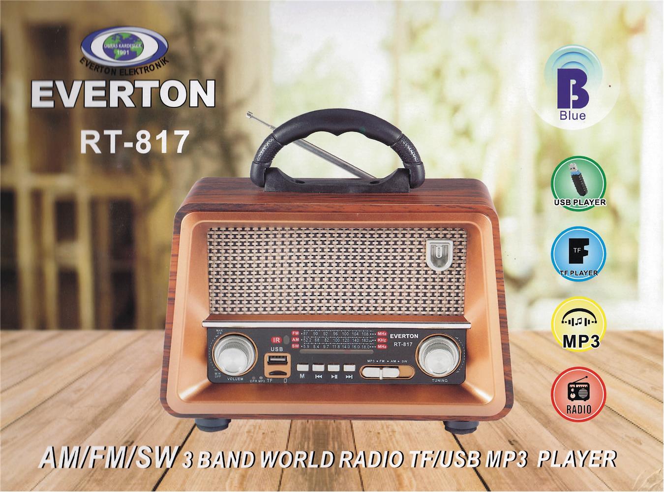 Everton Rt-817  Bluetooth Fm-Usb-Tf-Aux Şarjlı Nostaljik Radyo