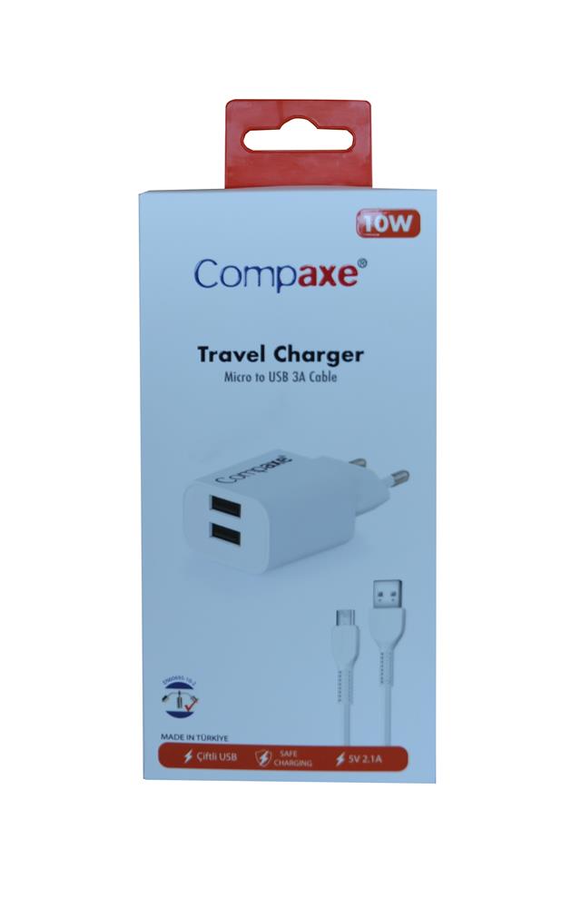 Compaxe CTA-521DMU 5v 2.1a 10W 2USB 1Mt Usb 3.0 Ev şarj+ Mikro Şarj Kablosu 