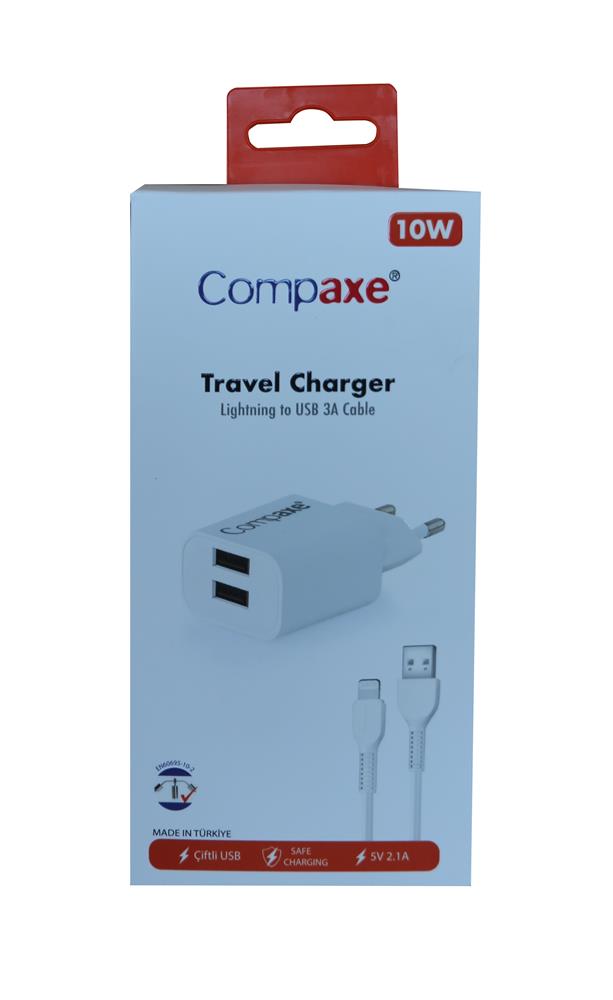 Compaxe CTA-521DIU 5v 2.1A 10W 2USB 1mt Usb 3.0 Ev Şarj Kafa + Lightning Şarj Kablosu