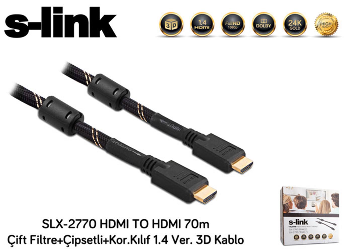 S-link SLX-2770 HDMI TO HDMI 70m Çift Filtre+Çipsetli+Kor.Kılıf 1.4 Ver. 3D Kablo