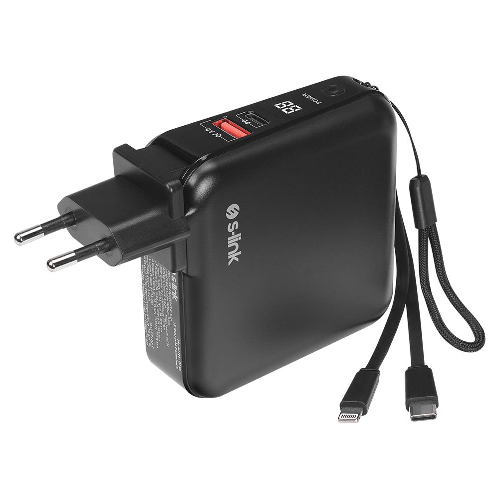 S-link G150 15000mAh Lightning+Type-C Kablolu Powerbank Siyah PD22.5W LCD AC Prizli  Pil Şarj Cihazı