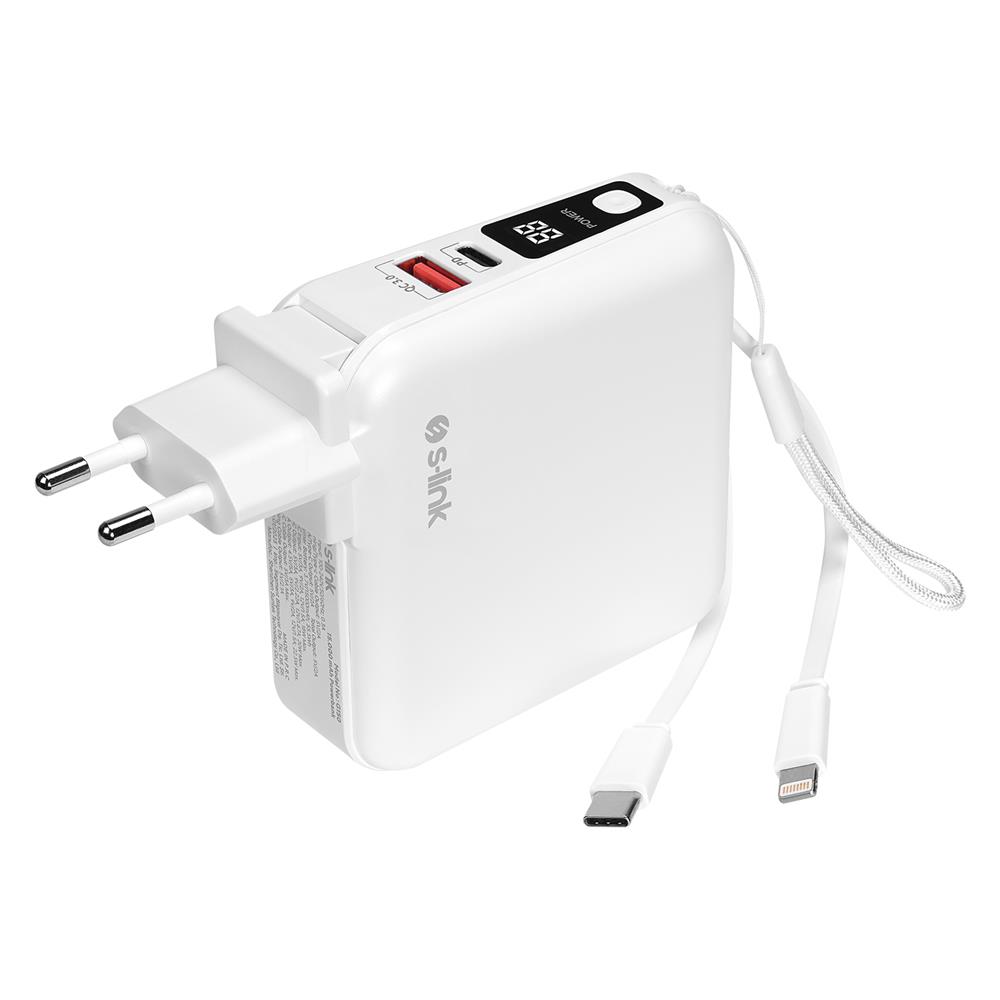 S-link G150 15000mAh Lightning+Type-C Kablolu Powerbank Beyaz PD22.5W LCD AC Prizli  Pil Şarj Cihazı