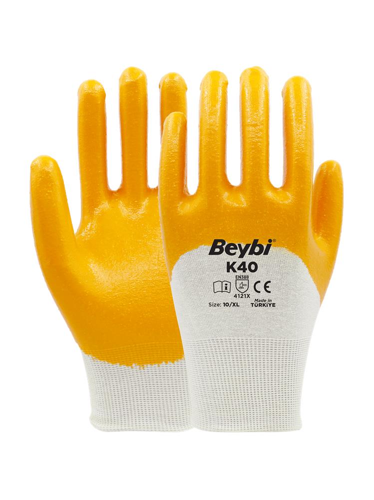 Beybi K40 Nitril PMK 10 Beden Nitril Kaplı Pamuk Eldiven 12li Paket (EN388 Değeri;4121X)