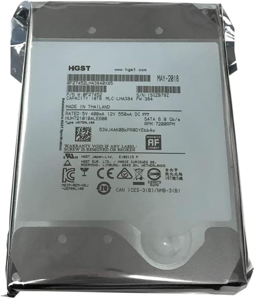 Hgst 10TB Ultrastar He10 HUH721010ALE600 SATA 6,Gbps 7200Rpm 256MB 3.5" Harddisk