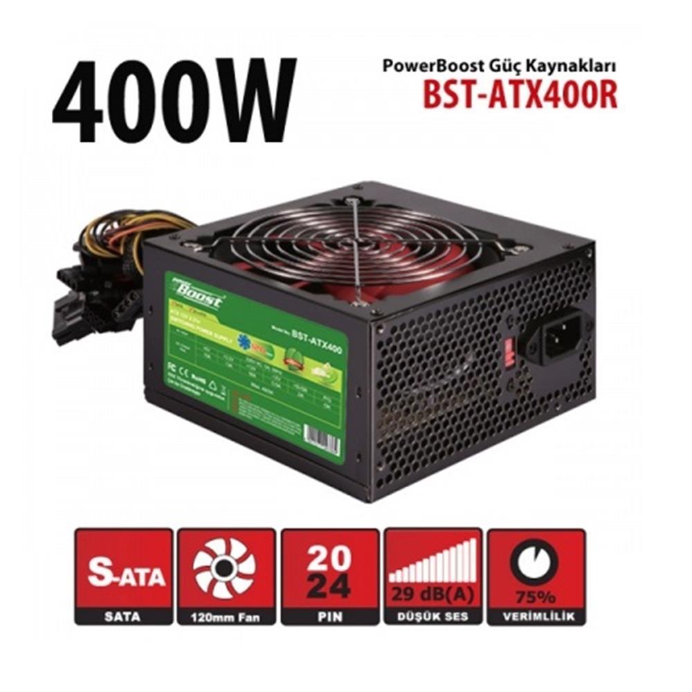 PowerBoost BST-ATX400R 400w, PPFC 12cm Siyah Fanlı ATX PSU Power kablo (Retail Box) Güç Kaynağı