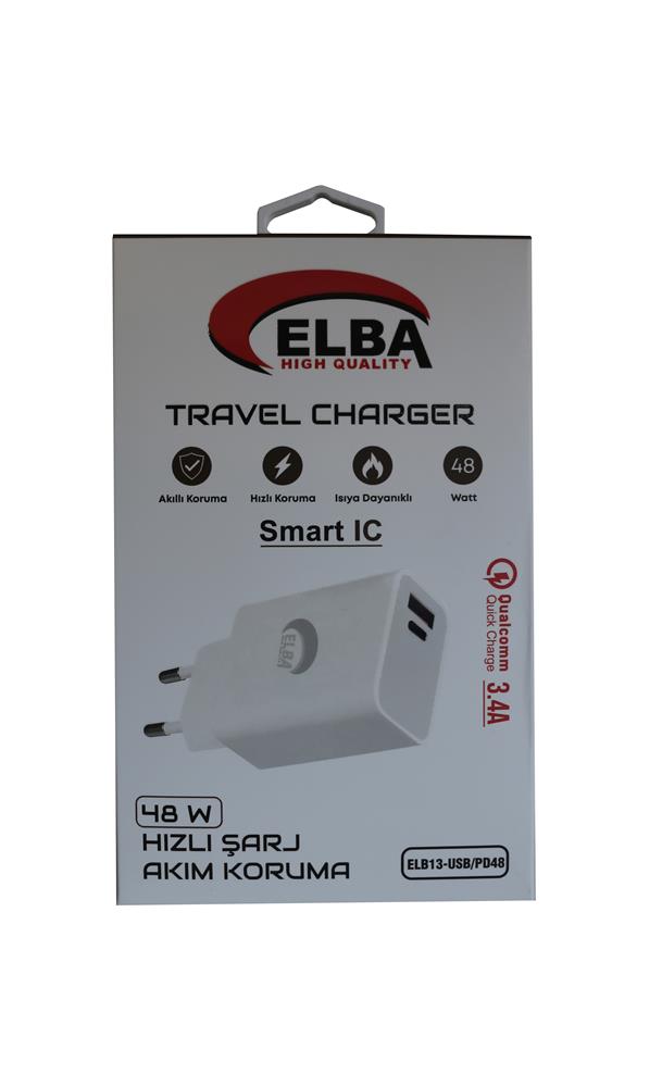 Elba ELB13 Elb-48w 3.4A USB-Pd48 (Usb+Type-C) Akıllı Koruma- Isıya Dayanklı Hızlı Şarj Ev Şarj Kafa