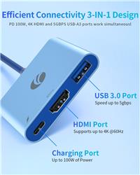 Vcom CUE15 Mavi Type-C To Hdmi(4K@60Hz)+Usb3.0+Pd 3.0 100W Çoklayıcı