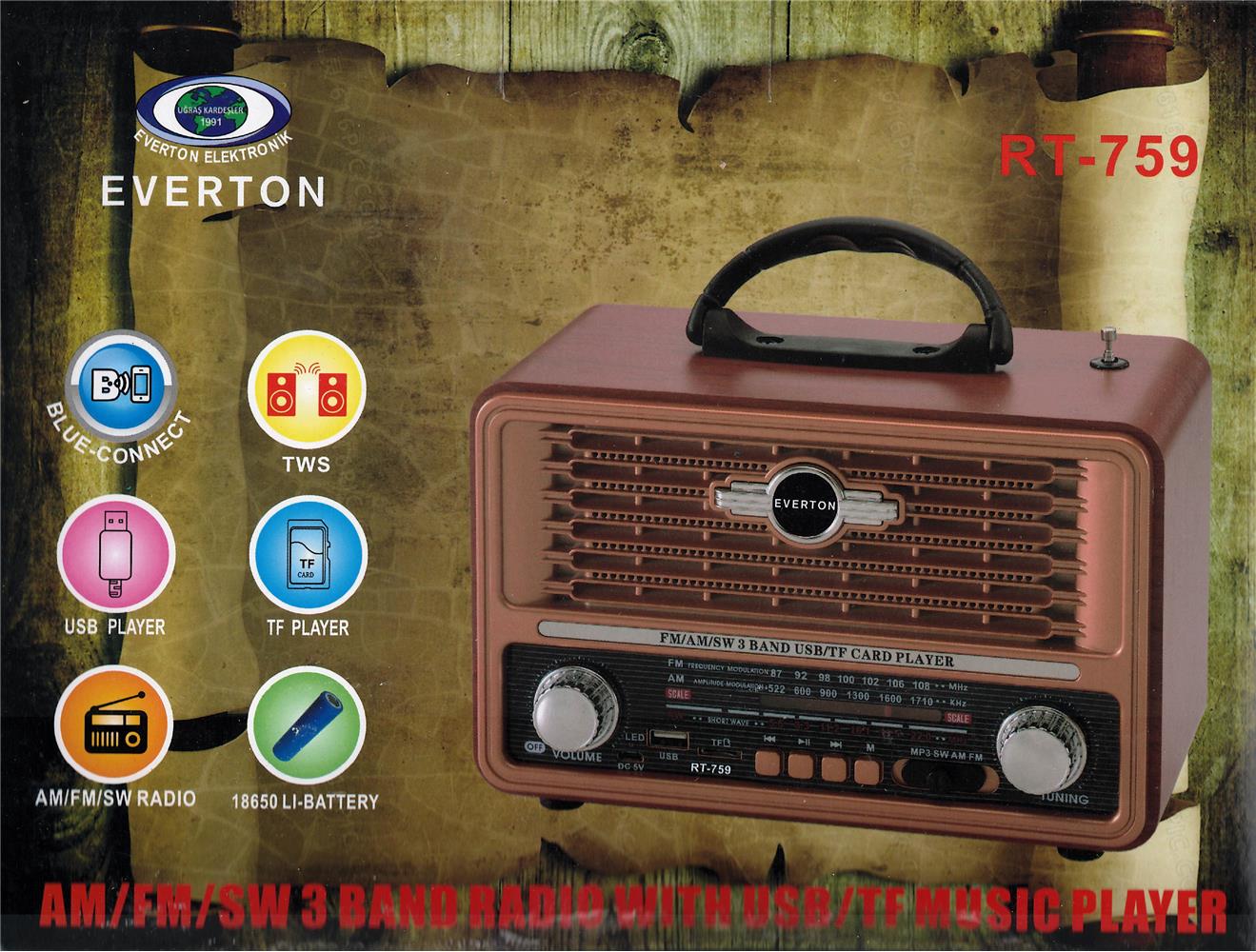 Everton Rt-759  Bluetooth Fm-Usb-Tf-Aux  Şarjlı Nostaljik Radyo