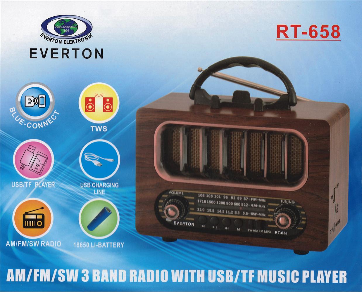 Everton Rt-658  Bluetooth Fm-Usb-Tf-Aux Şarjlı Nostaljik Radyo