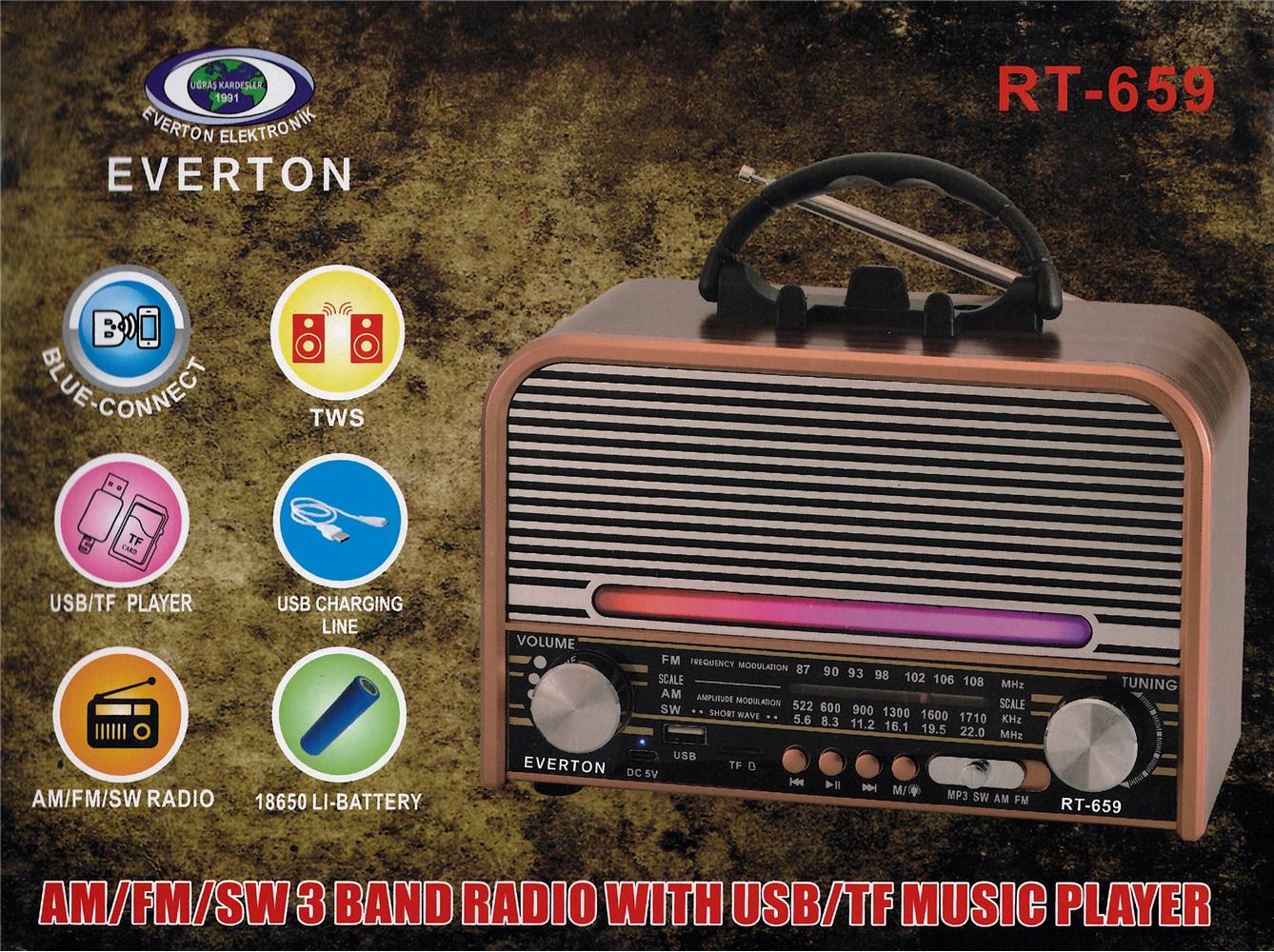 Everton Rt-659  Bluetooth Fm-Usb-Tf-Aux Şarjlı Nostaljik Radyo