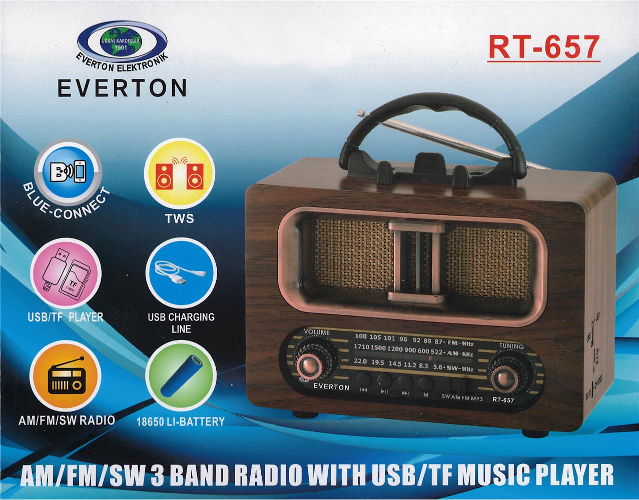 Everton Rt-657  Bluetooth Fm-Usb-Tf-Aux Şarjlı Nostaljik Radyo