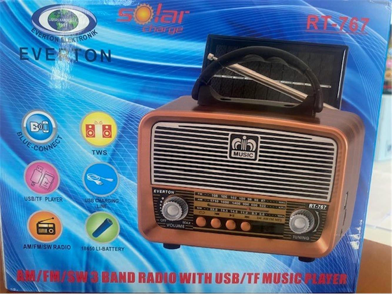 Everton Rt-767 Bluetooth -Usb-Tf-Am-Fm-Sw-Tws-Usb Güneş Enerjili Şarj Nostaljik Radyo