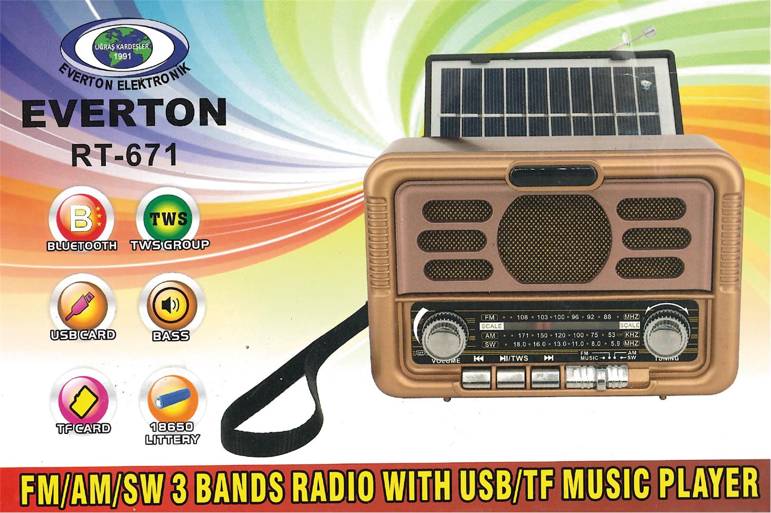 Everton Rt-671 Bluetooth Fm-Usb-Tf-Aux Şarjlı Solar Nostaljik Radyo Güneş Panelli