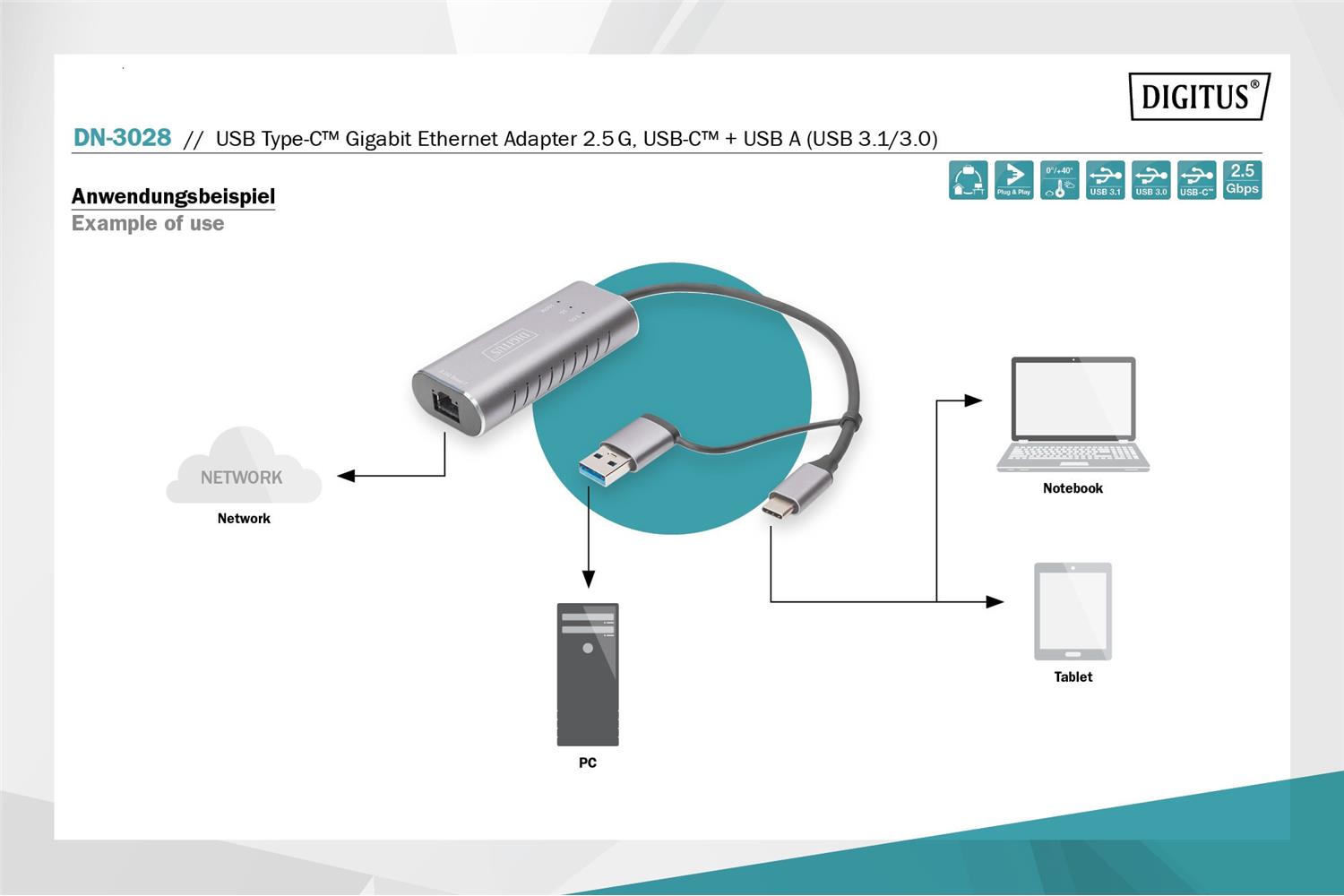 DIGITUS DN-3028 USB TIP C GIGABIT ETHERNET ADAPTRU 2.5G. USB-C + USB-A (USB 3.1-3.0)