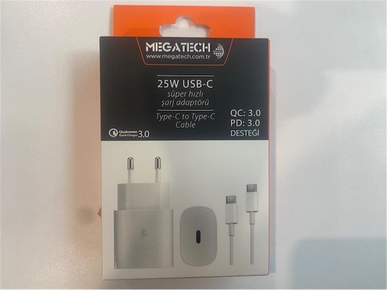 Megatech Mt-25w QC:3.0 PD:3.0 Ev Şarj Kafa+ Type-C To Type-C Şarj Kafası Hızlı Şarj  