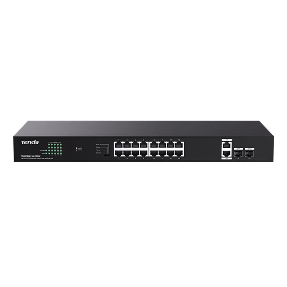 TENDA TEG1120P-16-250W 16 PORT POE+ 10-100-1000 2 PORT UPLINK +  2 PORT SFP SWITCH ELIK KASA