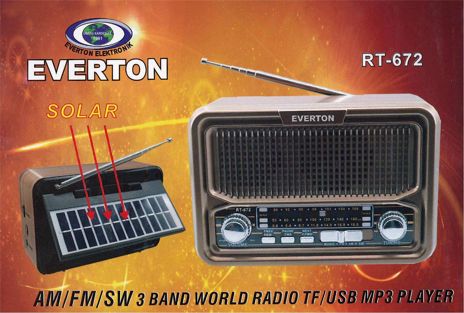 Everton Rt-672 Bluetooth Fm-Usb-Tf-Aux Şarjlı Solar Nostaljik Radyo