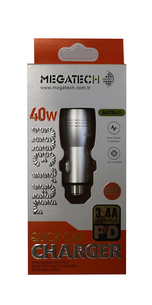 Megatech T05-M24 Re Gri 3.4A 40W Usb Çelik Araç Şarj Aleti 