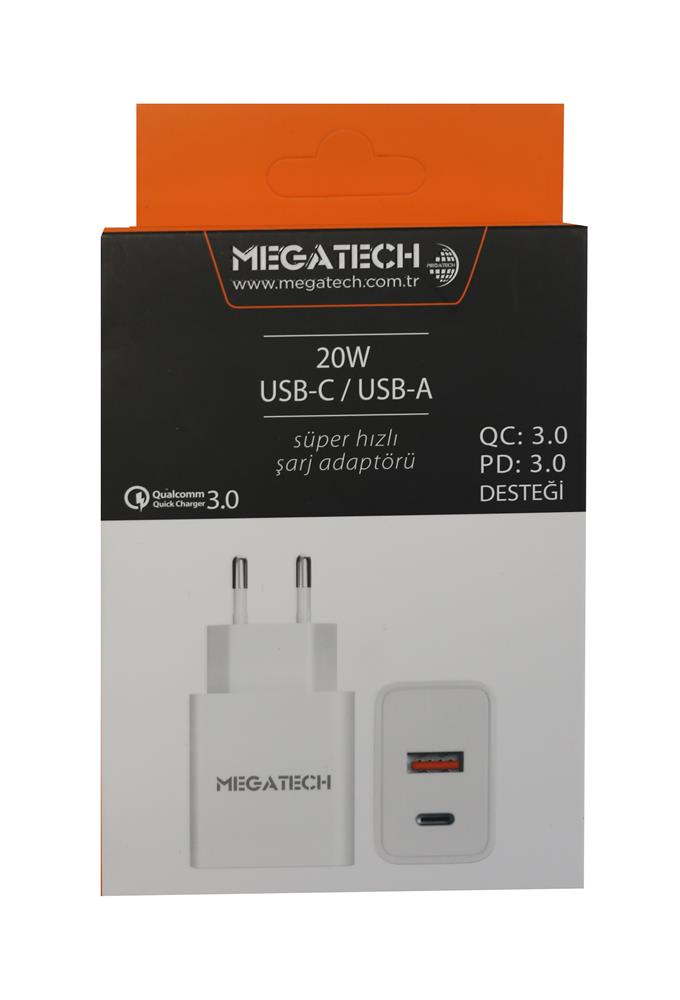 Megatech 20w Beyaz USB-C USB-A  Şarj Kafa QC:3.0-PD:3.0 