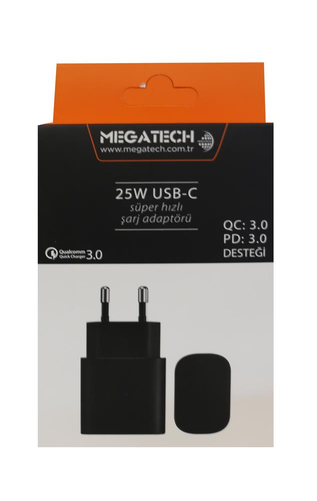 Megatech 25w Siyah USB-C  Şarj Kafa QC:3.0-PD:3.0 