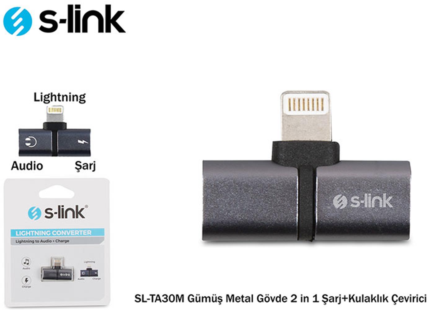 S-link SL-TA30M Lightning Gümüş Metal Gövde 2 in 1 Şarj+Kulaklık Çevirici