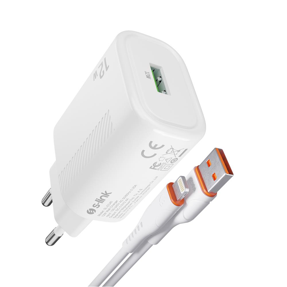 S-link SL-EC40L Lightning Kablolu 5V 2400MA Beyaz Ev Şarj Adaptörü