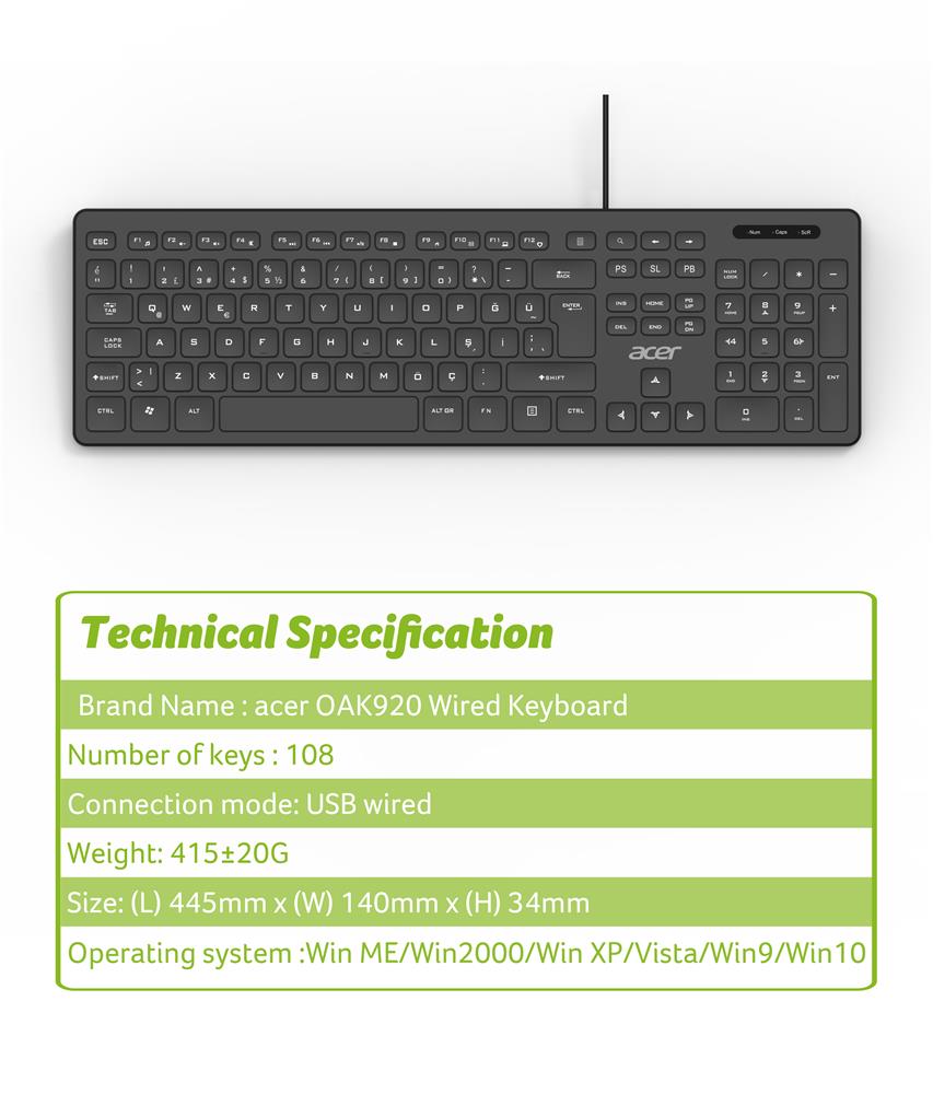 Acer OAK920 Q Usb SİYAH 1.8mt  Kablolu Klavye-Tek Tuş Hesap Makinalı (Sessiz Tuş) 