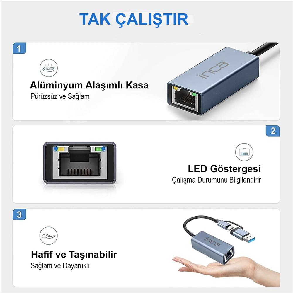 INCA IUTP-01TX ETHERNET ADAPTRU USB VE TYPE-CYE BALANTI USB 3.0 VE TYPE-C 3.1 ALUMINYUM 1000MBPS 