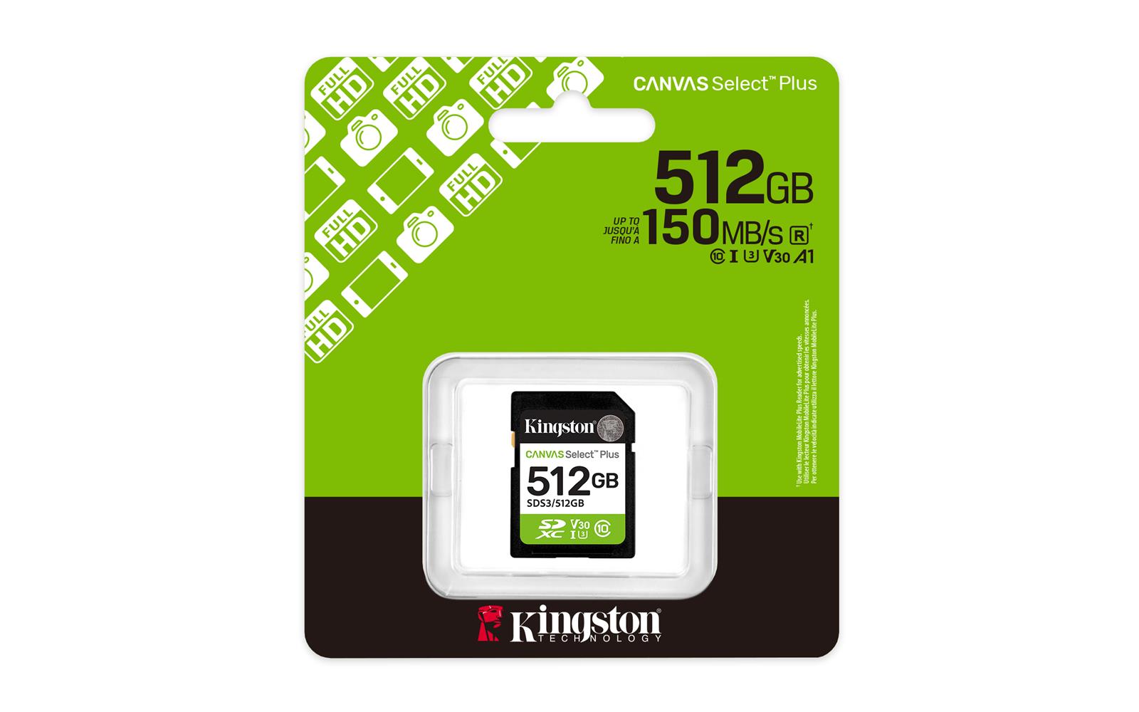 KINGSTON SDS3-512GB 512GB SDXC CANVAS SELECT PLUS GEN3 150MB-S C10 UHS-I U3 V30 HAFIZA KARTI