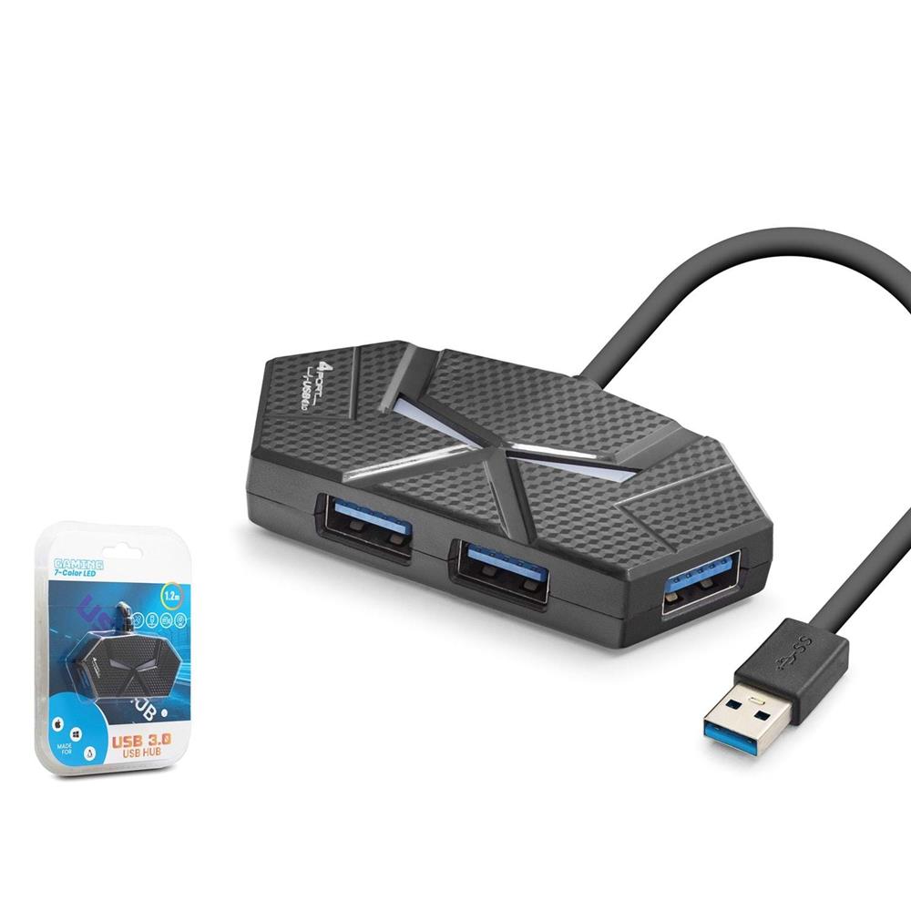 Hadron Hdx7050 Gaming 3.0 Usb Hub 5Gbps 4X Usb-A 3.0 7 Renk Led 4 Port Çoklayıcı 120Cm Siyah