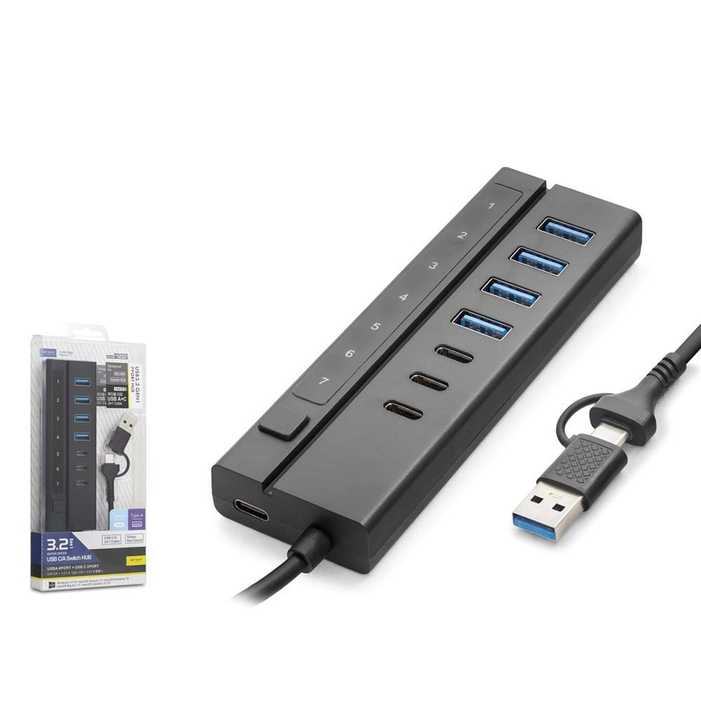 Hadron Hdx7062 7 Port Usb Hub 5Gbps 4X Usb-A 3.2 + 3X Usb-C 3.2 7 Port 2İn1 Kablolu Çoklayıcı Siyah