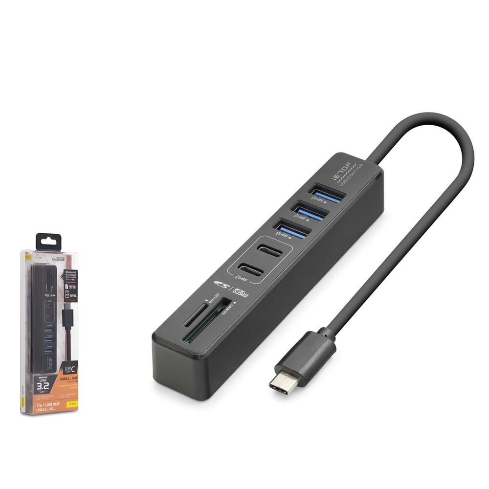 Hadron Hdx7061 İetop Type-C Hub 5Gbps 2X Usb-C 3.2+3X Usb-A 3.2+Sd+Microsd 7 Port Kart Okuyucu Siyah