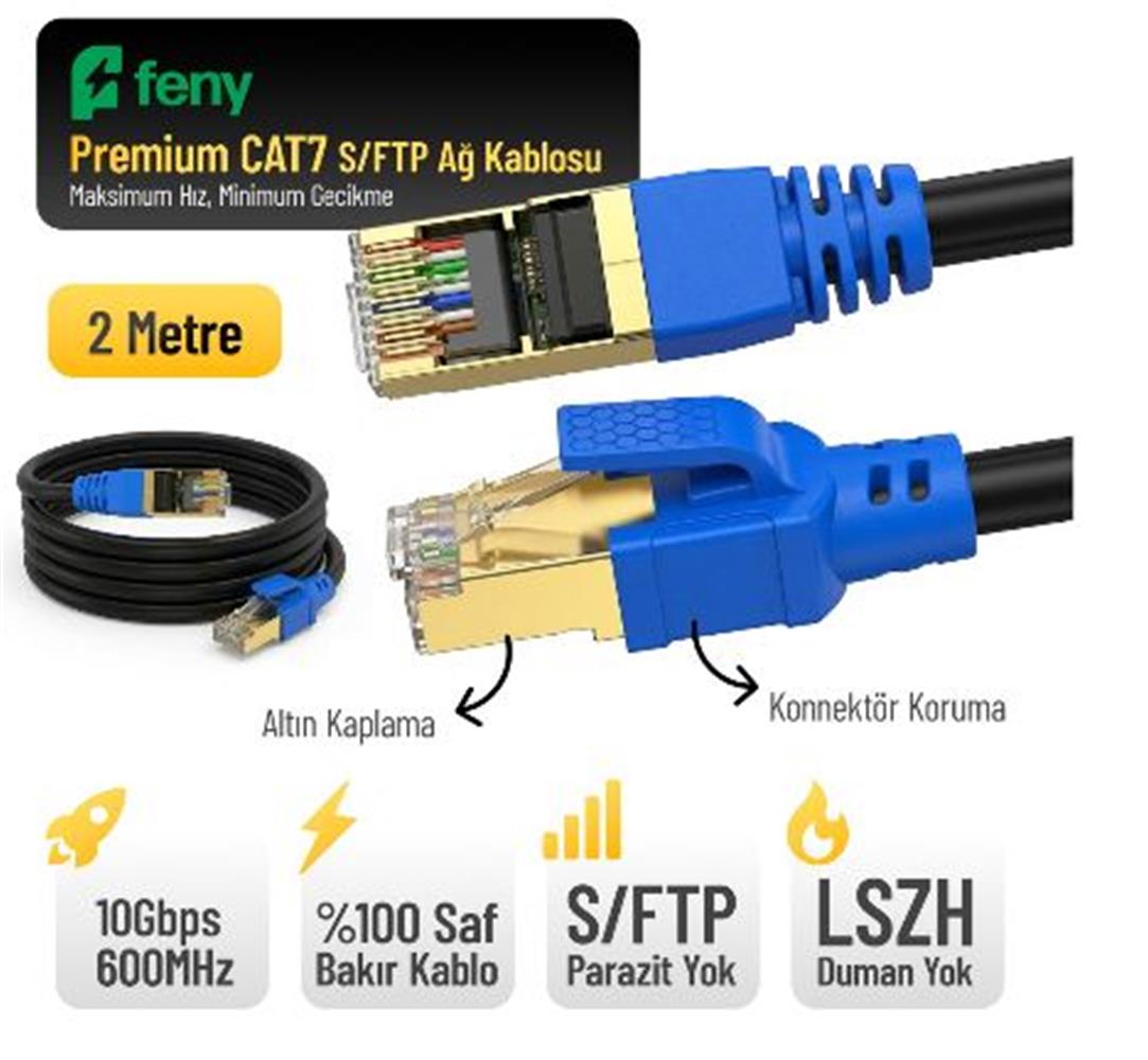 Feny Fn-Cat7Ls02 10Gbps İnternet 60Mhz 2 Metre Cat7 Gold Patch Kablo (Yanmaz- Yüzde 100 Saf Bakır)