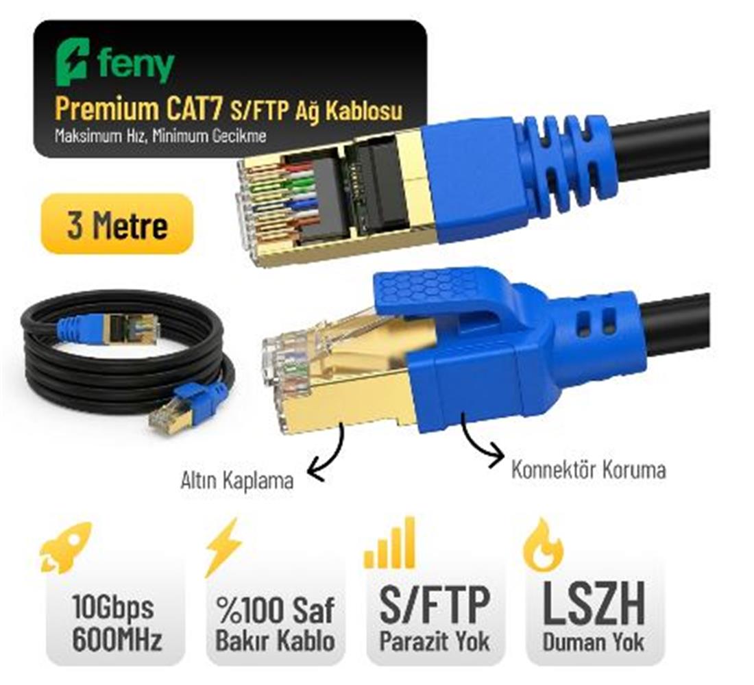 Feny Fn-Cat7Ls03 10Gbps İnternet 60Mhz 3 Metre Cat7 Gold Patch Kablo (Yanmaz- Yüzde 100 Saf Bakır)