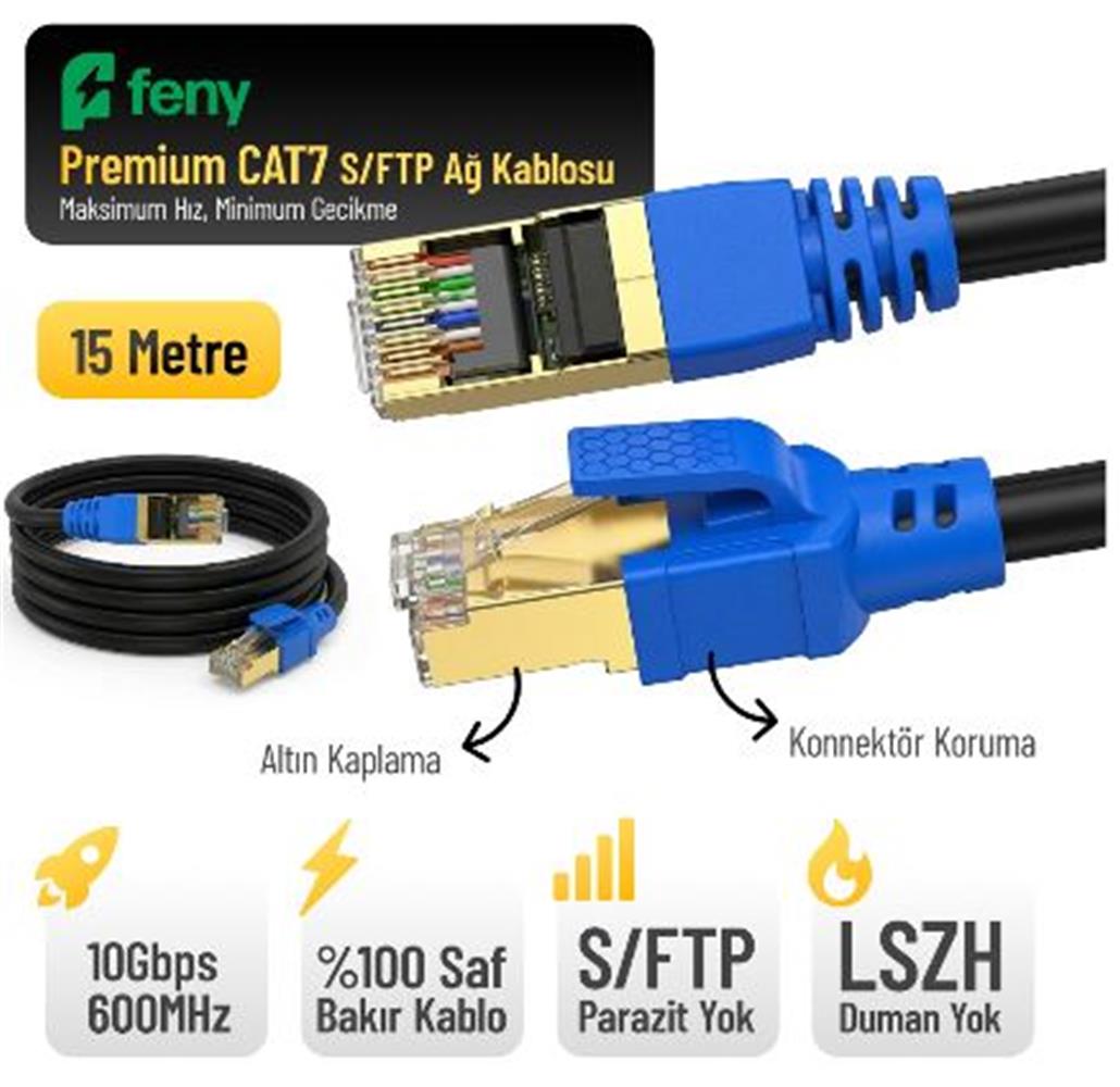 Feny Fn-Cat7Ls15 10Gbps İnternet 60Mhz 15 Metre Cat7 Gold Patch Kablo (Yanmaz- Yüzde 100 Saf Bakır)