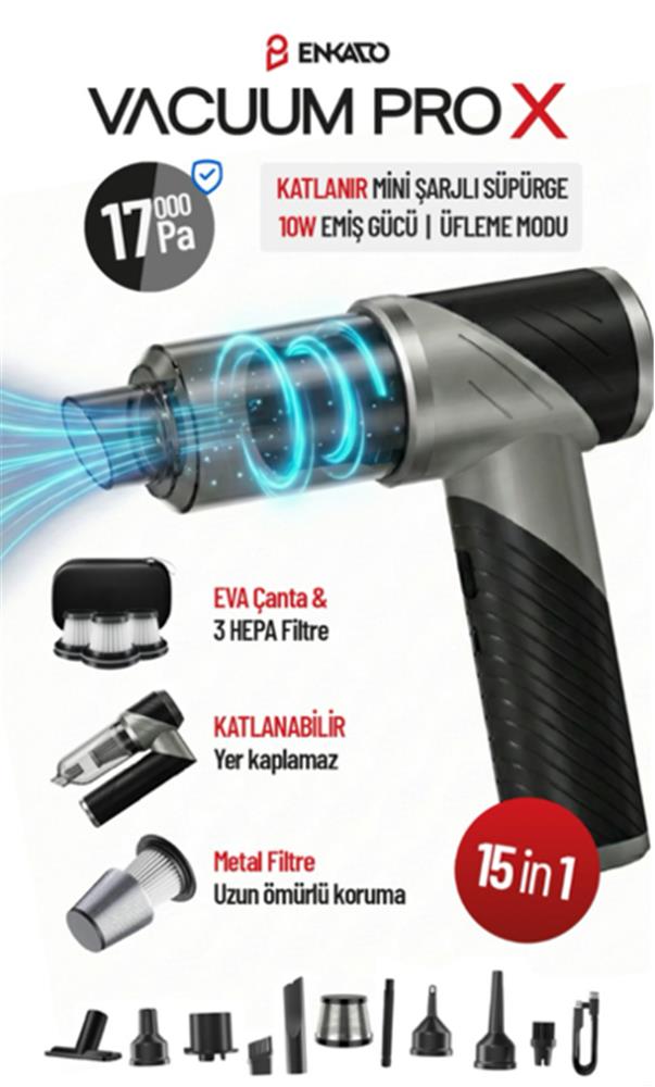 Enkado Ekd-Sp20 17000Pa 2000Mah Güçlü Vakum-Üflemeli Şarjlı Katlanabilir Araç Süpürgesi 3Ad Filtr