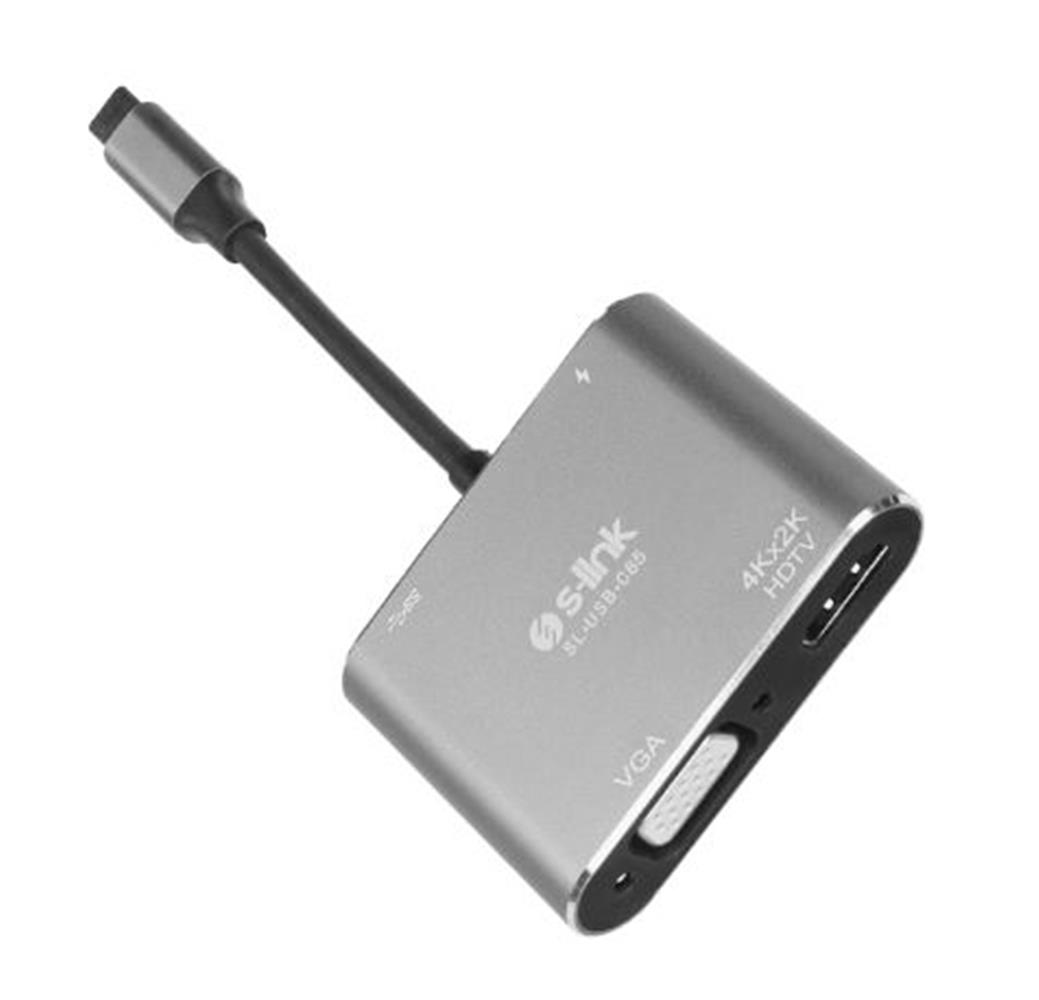 S-Link Sl-Usb-C85 4 İn 1 Type C To, Pd+Hdmı+Vga+Usb3.0 Çevirici Hub Adaptör