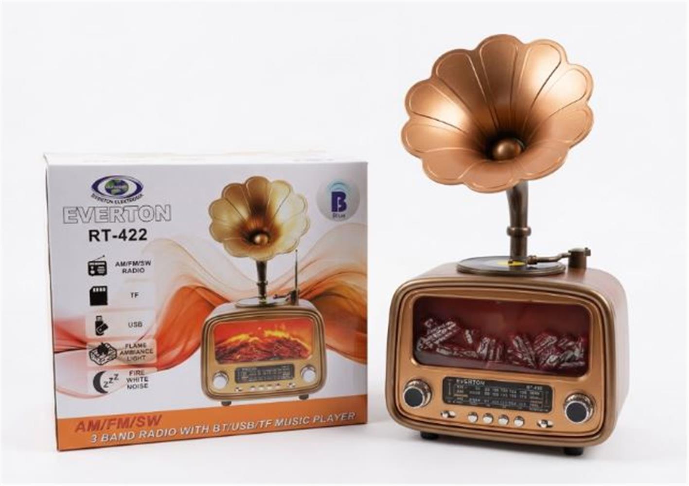 Everton Rt-422 Bluetooth Fm-Usb-Tf-Aux Şarjlı Nostaljik Radyo Gramafon (Alev Ambiyans Işığı)